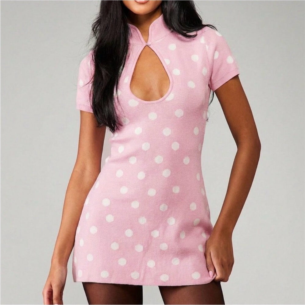 Missguided Pink Polka Dot Knit Mini Dress with Keyhole, S